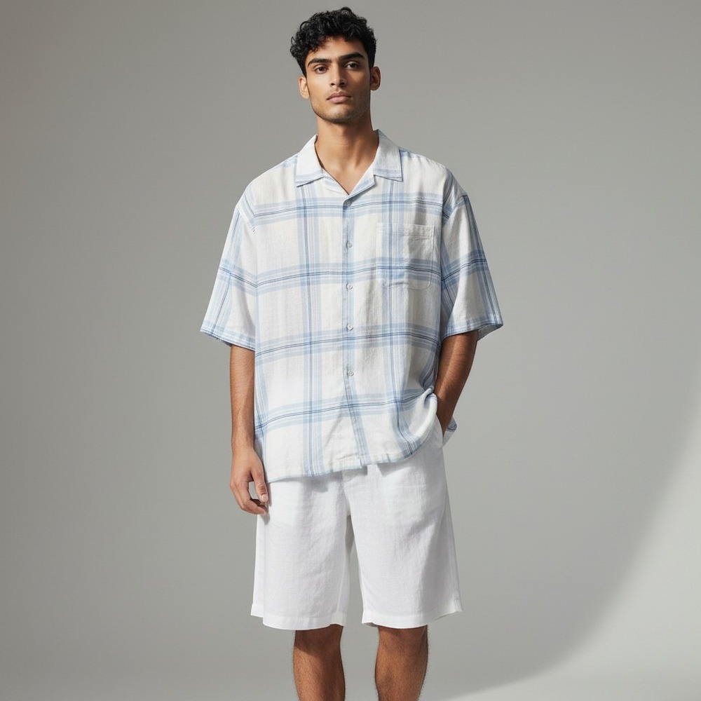 Godbody Mens 2 Piece Linen Short Set 2XL White Blue Plaid Short Sleeve Shirt Set